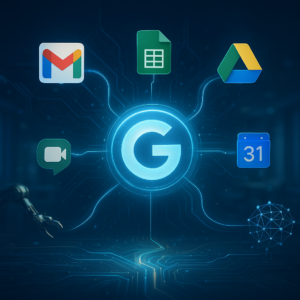 Illustration représentant les connecteurs Google Workspace avec des icônes Gmail, Google Sheets et Google Drive reliées par des flux de données lumineux dans un environnement numérique futuriste.