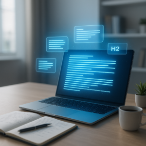 Un rédacteur web assis devant un ordinateur portable avec une interface d'intelligence artificielle générant automatiquement un article de blog, entouré d'éléments holographiques représentant la structure d'un texte optimisé SEO.