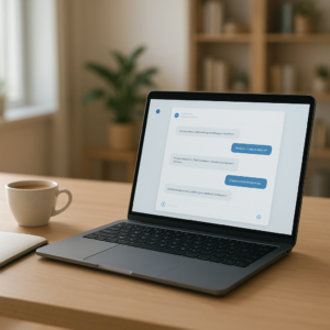 Une jeune professionnelle assise à son bureau utilise un ordinateur portable affichant une interface de chatbot IA, illustrant comment s'inscrire et commencer à utiliser Claude AI.
