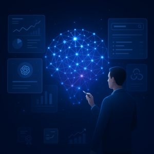 Illustration d'un consultant en train d'optimiser la visibilité d'une marque dans les intelligences artificielles génératives, avec un réseau neuronal lumineux et des tableaux de bord d'analyse LLM SEO en arrière-plan.