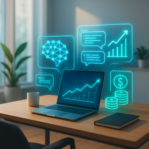 Un professionnel travaillant sur un ordinateur portable entouré d'interfaces holographiques représentant l'intelligence artificielle et des graphiques de revenus en hausse, illustrant comment gagner de l'argent avec une IA comme ChatGPT.