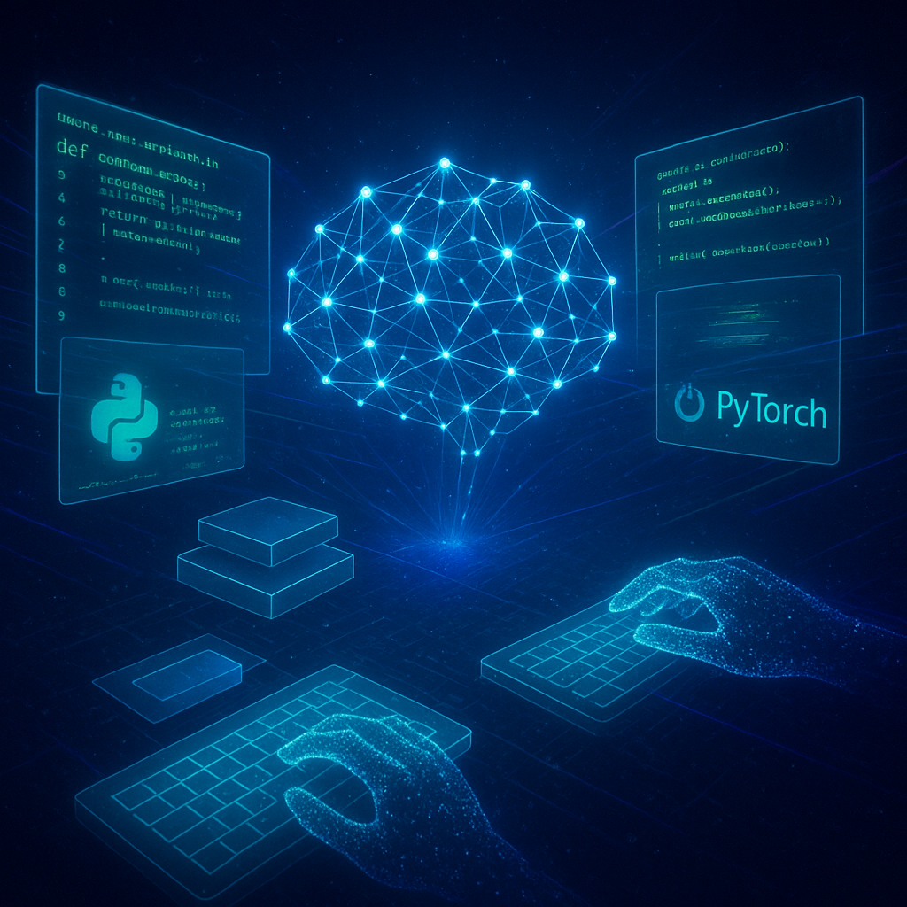Illustration futuriste d'un réseau de neurones artificiels entouré de panneaux de code holographiques affichant du Python, TensorFlow et PyTorch, symbolisant les langages utilisés pour construire une intelligence artificielle.