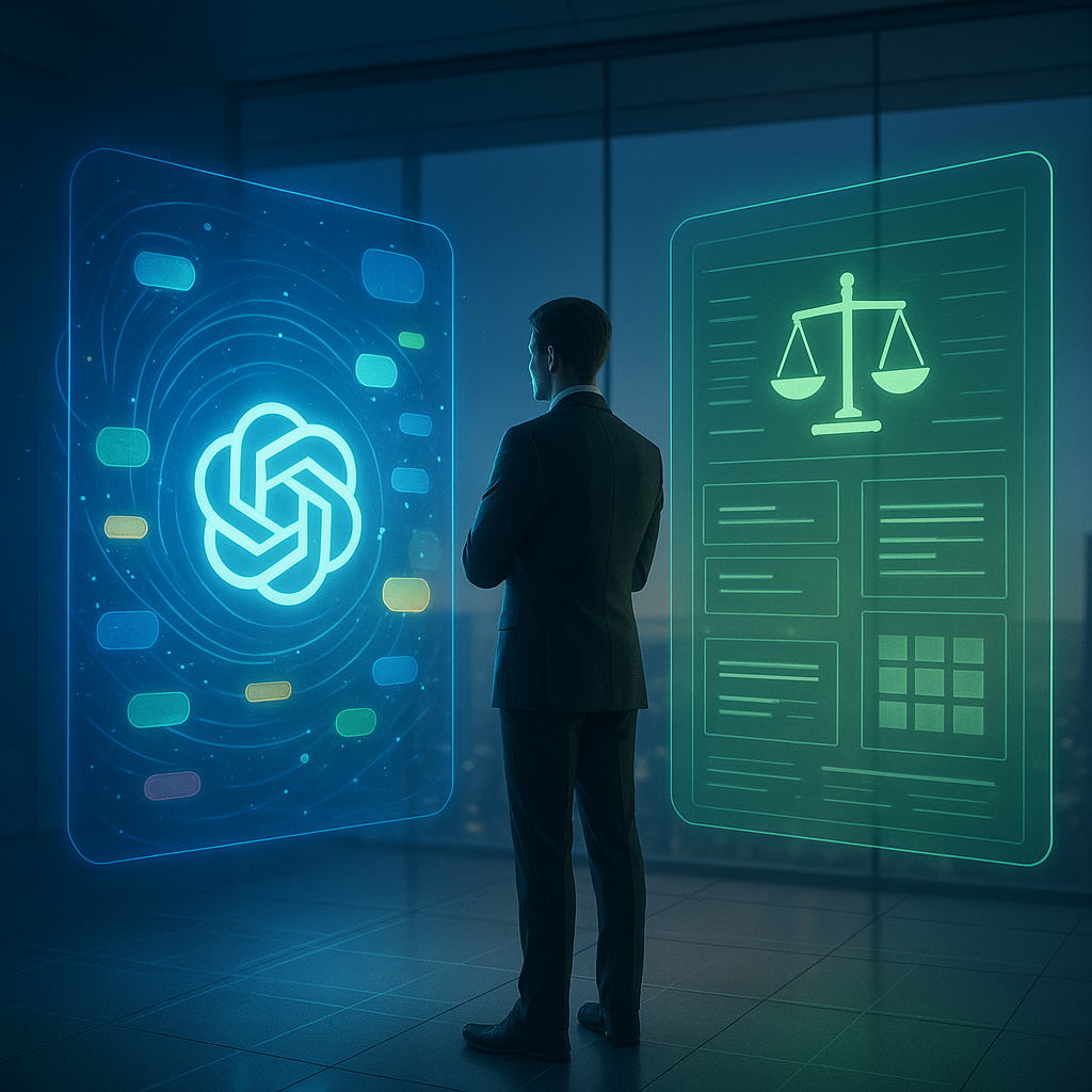 Illustration comparant ChatGPT et Claude sous forme d'interfaces holographiques dans un bureau moderne, avec un professionnel en train de choisir entre les deux assistants IA.
