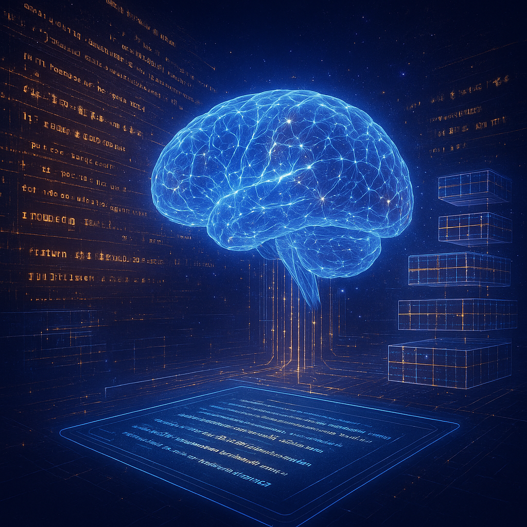 Illustration numérique représentant un grand modèle de langage (LLM) sous la forme d'un cerveau lumineux connecté à des flux de données textuelles et à une architecture de réseau de neurones dans un espace cosmique bleu et violet.