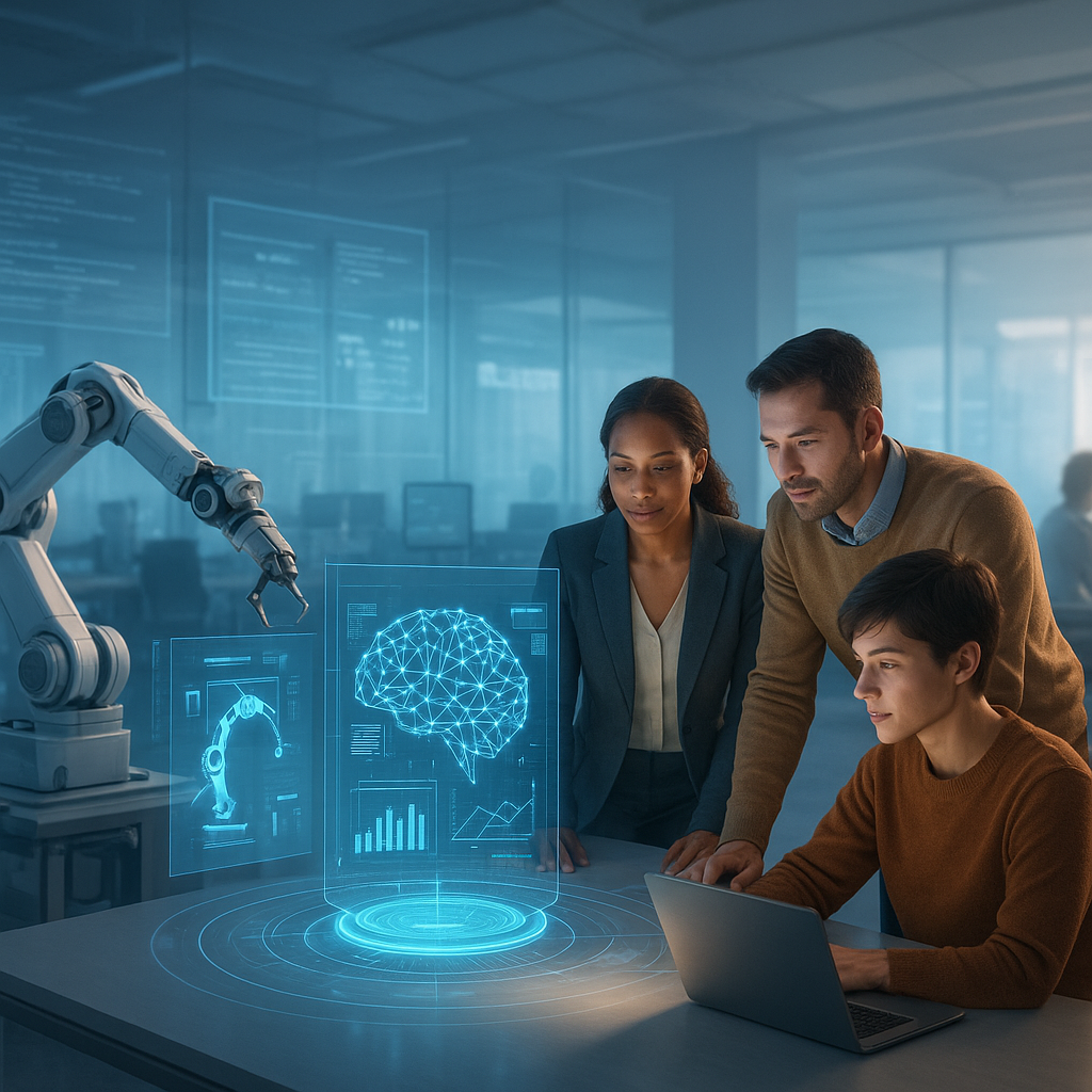 Illustration représentant des professionnels collaborant avec des outils d'intelligence artificielle dans un bureau futuriste, symbolisant la transformation des métiers face à l'IA et l'importance de la formation professionnelle.
