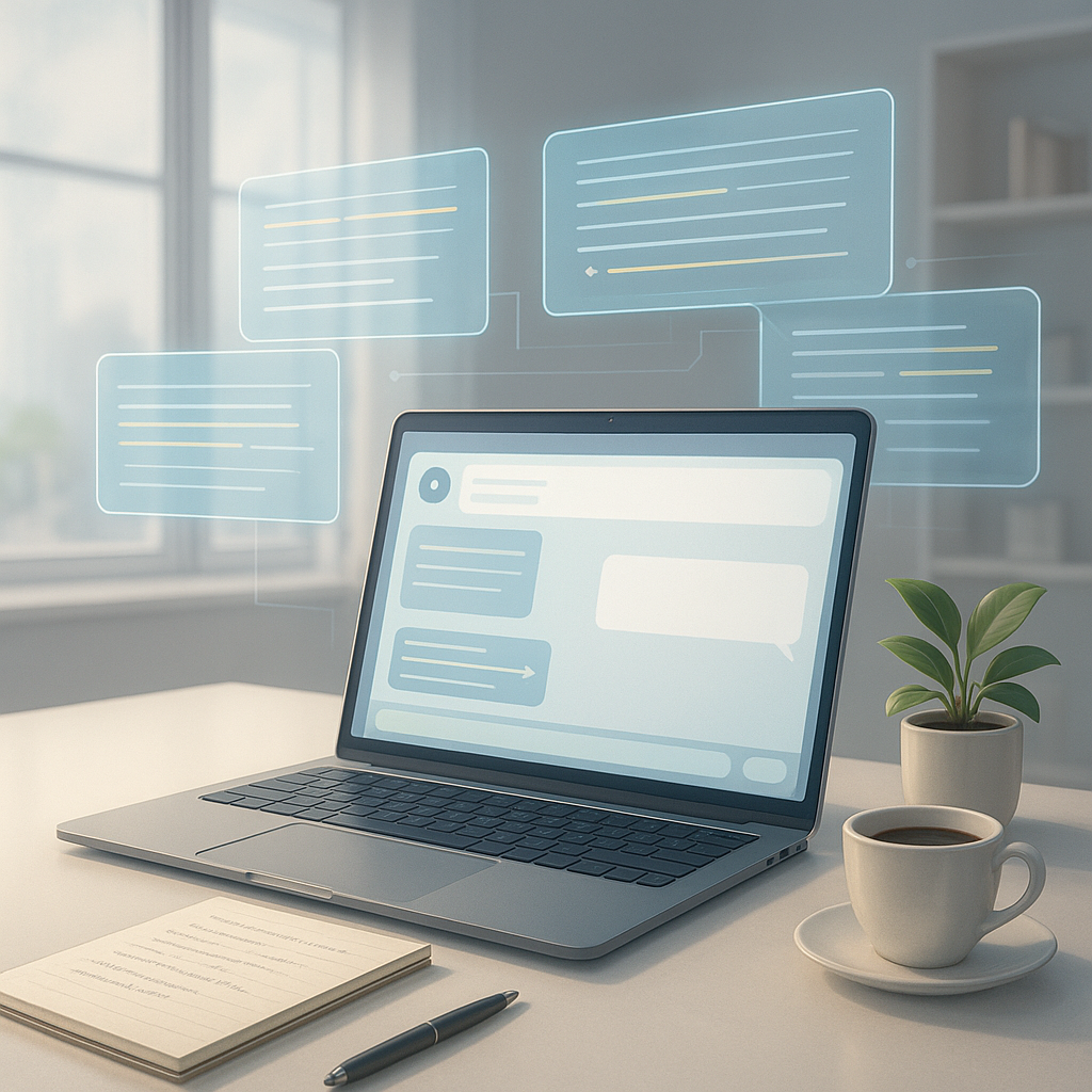 Une professionnelle rédigeant un prompt structuré sur son ordinateur portable dans un bureau moderne, entourée de panneaux holographiques illustrant les éléments clés d'un bon prompt en intelligence artificielle.
