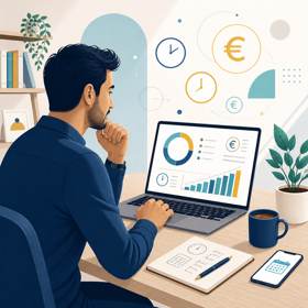 Illustration d'un professionnel calculant ses droits CPF sur un tableau de bord numérique