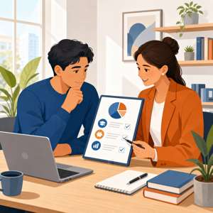 Illustration d'un demandeur d'emploi et d'un conseiller étudiant un plan de financement de formation