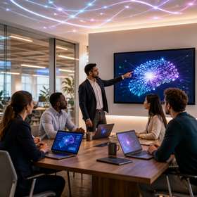 Illustration d'une session de formation IA générative en entreprise, salariés autour d'une table avec ordinateurs et écran présentant un réseau de neurones