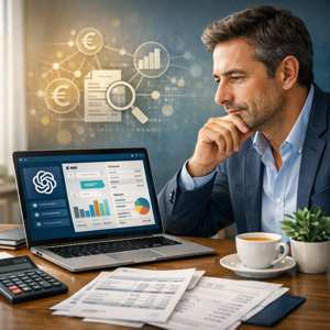 Dirigeant utilisant ChatGPT sur son ordinateur pour gérer la comptabilité de son entreprise