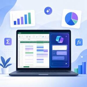 Illustration d'un assistant IA Copilot intégré dans un tableur Excel avec graphiques et formules
