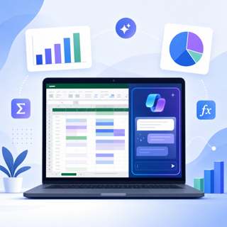 Illustration d'un assistant IA Copilot intégré dans un tableur Excel avec graphiques et formules