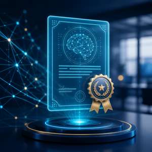 Illustration d'un certificat holographique et d'un badge d'accréditation symbolisant les certifications RS et RNCP pour une formation IA éligible au CPF
