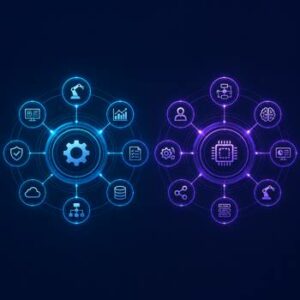 Illustration comparant les outils d'automatisation Make et n8n avec deux réseaux abstraits de nœuds connectés