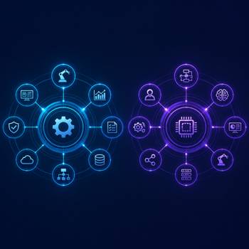 Illustration comparant les outils d'automatisation Make et n8n avec deux réseaux abstraits de nœuds connectés