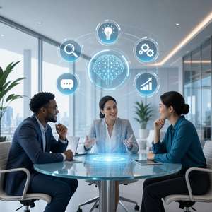 Illustration professionnelle représentant des collaborateurs développant leurs compétences en intelligence artificielle