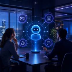Illustration d'un agent IA connecté à des outils d'entreprise dans un bureau moderne