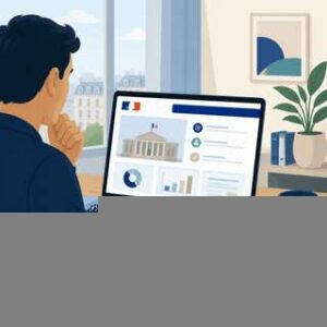 Illustration d'une personne consultant son espace MonCompteFormation sur un ordinateur portable, avec des pièces et billets en euros symbolisant le reste à charge CPF