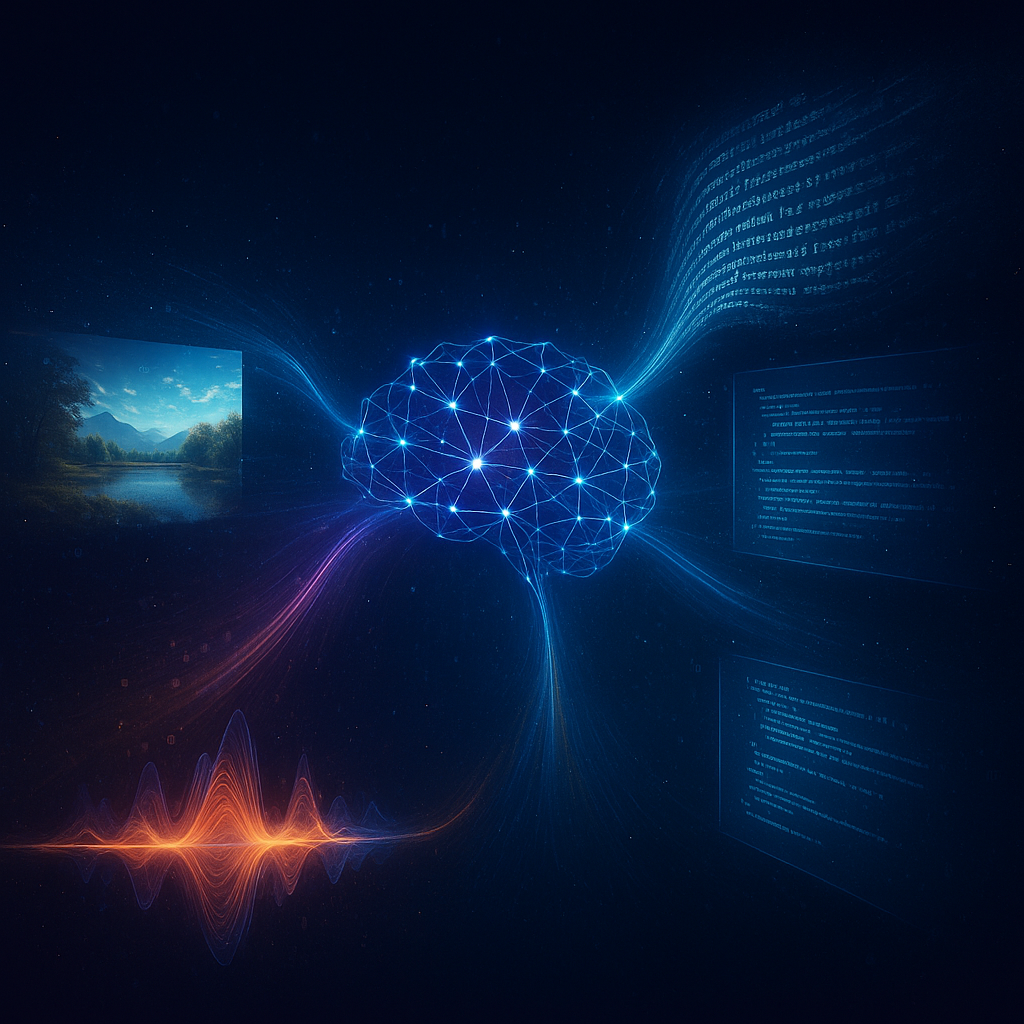 Illustration futuriste d'un réseau de neurones génératif produisant simultanément du texte, des images, du code et des sons, représentant le fonctionnement de l'ia générative.