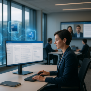 Une professionnelle utilise Microsoft 365 Copilot sur son ordinateur dans un bureau moderne, avec des éléments d'interface IA holographiques représentant Word, Excel, Teams et Outlook connectés par des lignes lumineuses bleues.