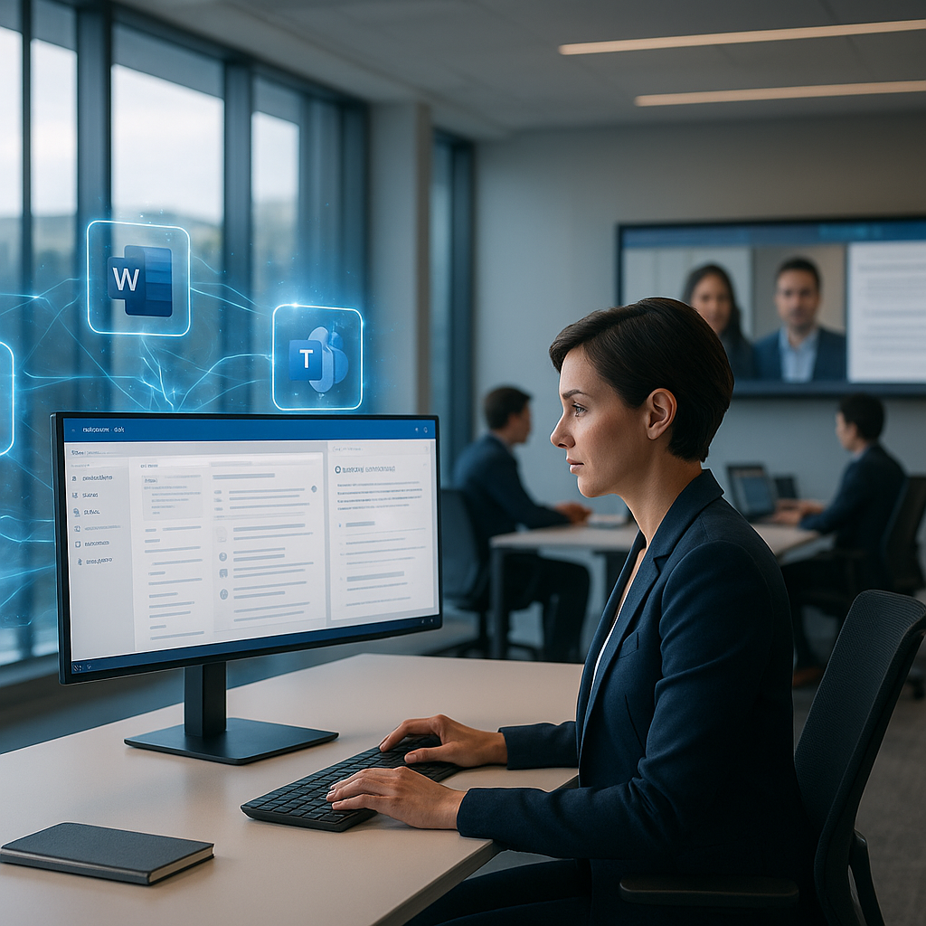 Une professionnelle utilise Microsoft 365 Copilot sur son ordinateur dans un bureau moderne, avec des éléments d'interface IA holographiques représentant Word, Excel, Teams et Outlook connectés par des lignes lumineuses bleues.