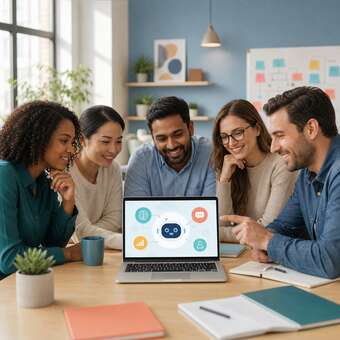 Petit groupe de professionnels débutants suivant une formation à l'intelligence artificielle dans une salle moderne