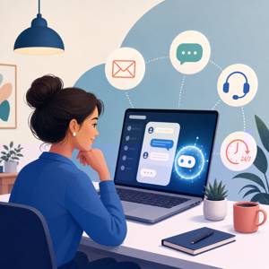 Illustration d'un agent IA de service client sur un ordinateur portable