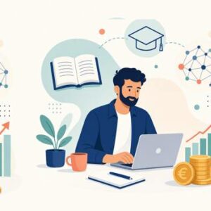 Illustration d'un indépendant travaillant sur son ordinateur, entouré d'icônes de formation et de financement