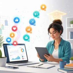 Illustration d'un professionnel du community management suivant une formation certifiante, entouré d'icônes de réseaux sociaux et de badges de certification