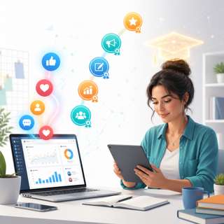 Illustration d'un professionnel du community management suivant une formation certifiante, entouré d'icônes de réseaux sociaux et de badges de certification