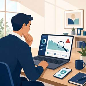 Illustration d'une personne consultant un tableau de bord de sécurité et de suivi de solde en ligne