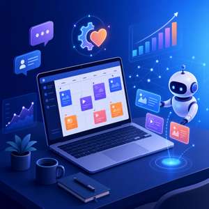 Illustration IA du community management automatisé : calendrier de publications, robot assistant et statistiques de réseaux sociaux