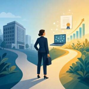 Illustration d'un professionnel face à un choix de reconversion, symbolisant le CPF de transition professionnelle