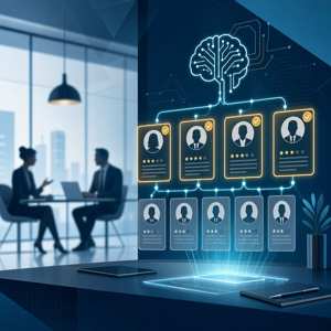 Illustration d'une intelligence artificielle triant des candidatures dans un processus de recrutement RH