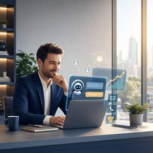 Commercial utilisant un assistant IA sur son ordinateur pour la prospection et le suivi des ventes