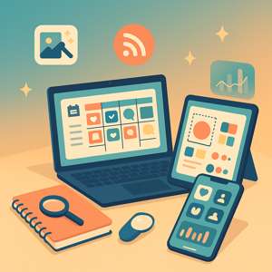 Illustration d'un espace de travail numérique avec ordinateur, tablette et smartphone représentant les outils gratuits pour community manager