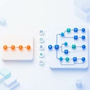 Illustration comparant deux processus d'automatisation no-code, un simple et un complexe, connectés à des applications d'entreprise