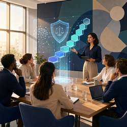 Illustration professionnelle d'une réunion en entreprise présentant un plan de développement des compétences IA conforme à l'AI Act