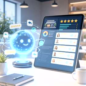 Illustration d'un agent IA repondant automatiquement aux avis clients Google d'une entreprise